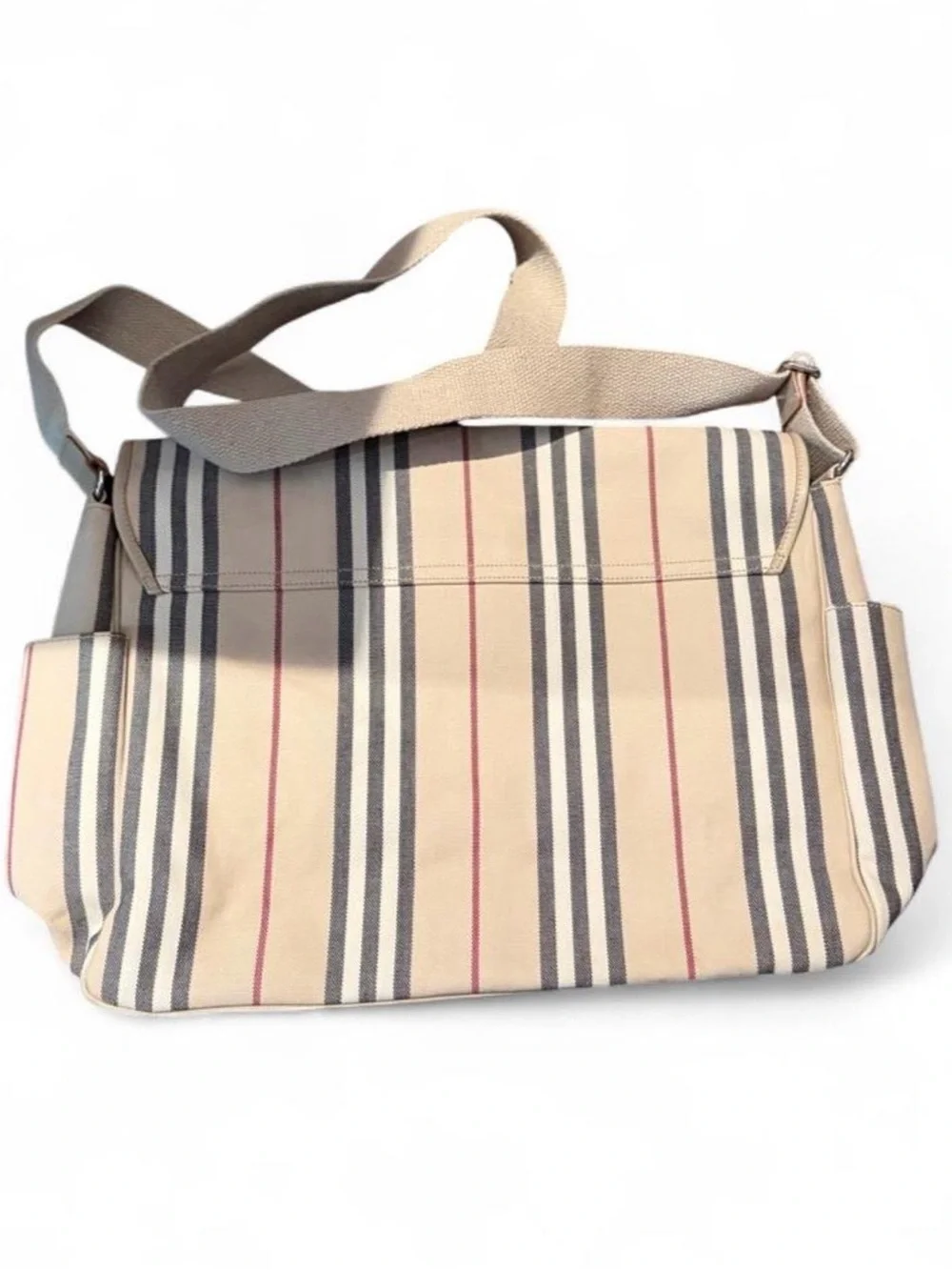 Burberry Beige Striped Baby Messenger Bag with Navy & Red Accents